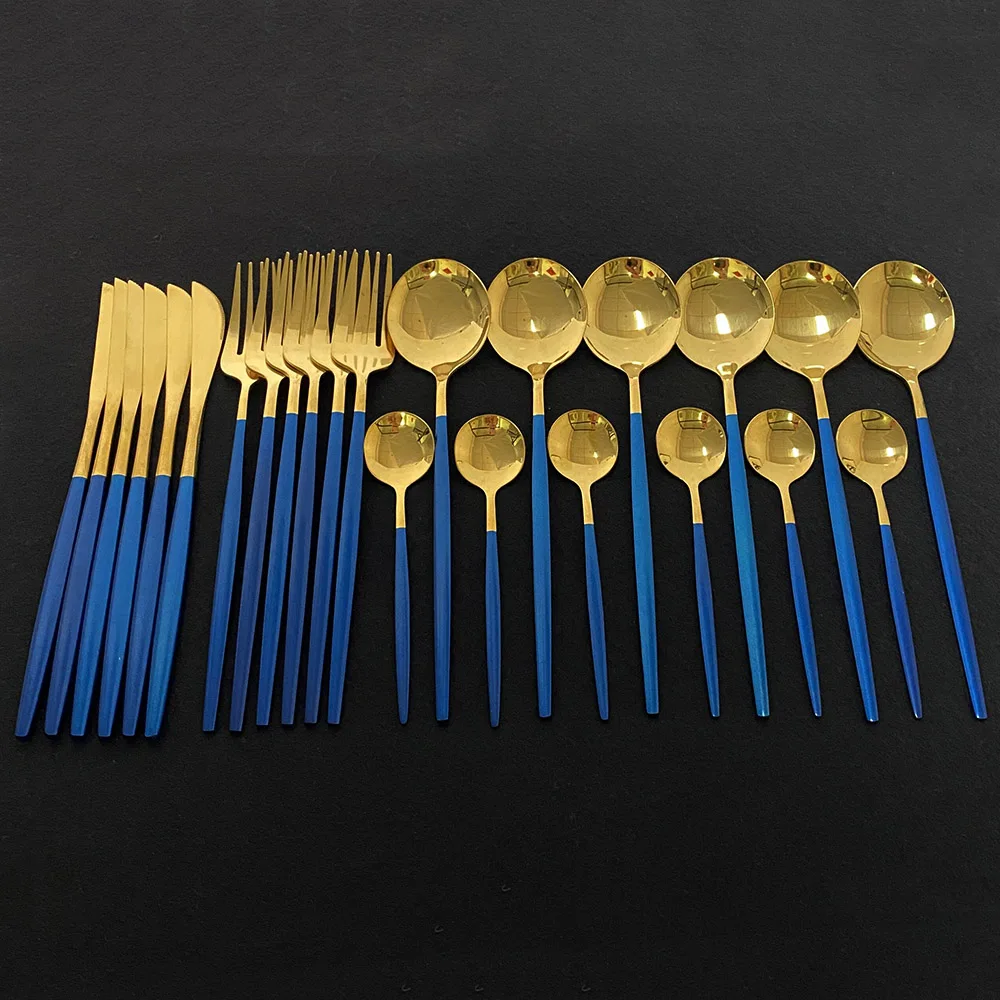 

24Pcs/Set Blue Gold Cutlery Set 304 Stainless Steel Dinnerware Silverware Flatware Set Dinner Knife Fork Tea Spoon Dropshipping