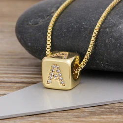 AIBEF Hot Sale A-Z 26 Alphabet Letter Necklace Long Chain Gold Plated Cube Charm Pendant Women Initial Family Name Jewelry Gift