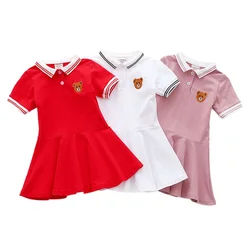 Girls Dress Summer Cute College Style Cotton Bear Embroidery Polo Pleated Dresses Casual Baby Girl Ruffled Dress Party Vestidos