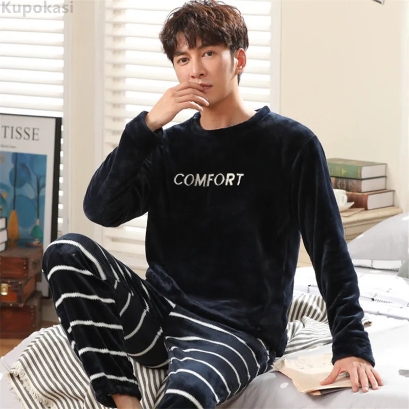 

Kupokasi Men Flannel Pajamas Sets Winter Warm Sleepwear Striped Letters Coral Fleece Thick O-Neck Suit Pyjamas For Man pijamas