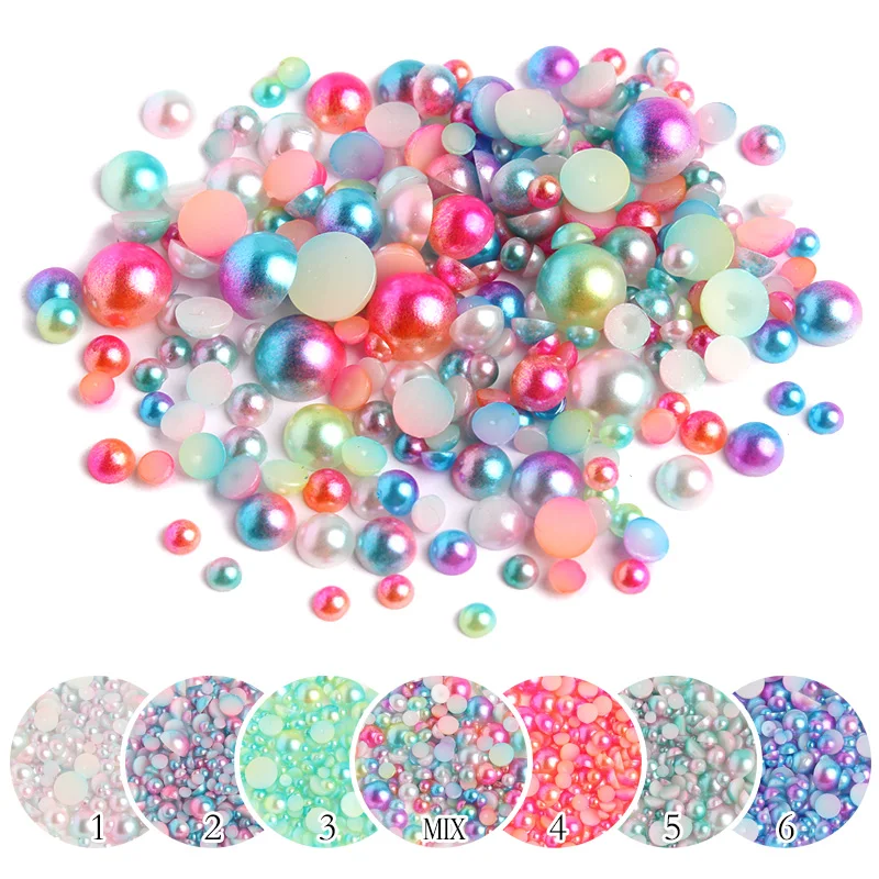 Mixed size 600Pcs/pack ABS Imitation Pearls Half Round Flatback Beads Mermaid AB Nail Art DIY Decoration Makeup Tools