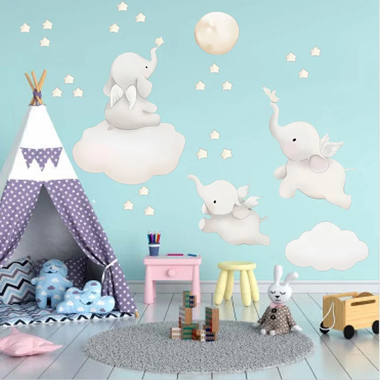 Cartoons Baby-Elefant-Sterne-Wandaufkleber für Kinderzimmer, Hintergrund für Heimdekoration, Schlafzimmer-Tapete, niedliche Tier-Aufkleber – Detail 5