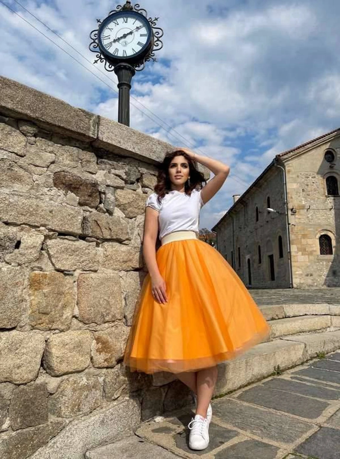 Orange Layered Tulle Ball Gown High-Waisted Skirt Yellow Skirt Midi Skirts Woman Clothes Korean Style Party Skirt Plus Size