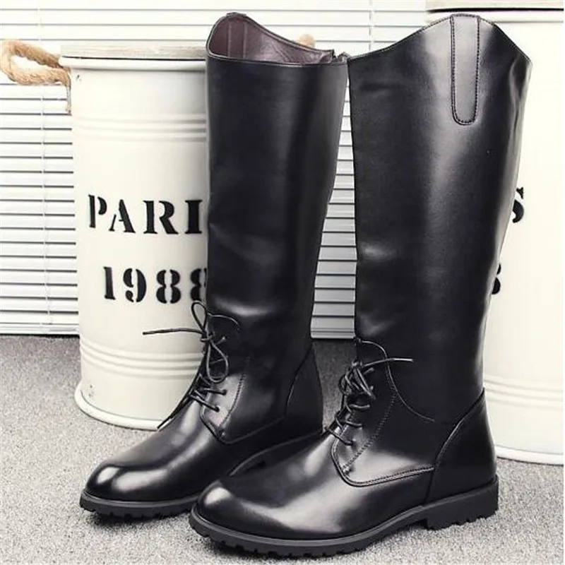 Mens Knee High Leather Boots Autumn Mid Calf British Style Black Waterproof boots Patent leather punk cowboy boots size 37 46
