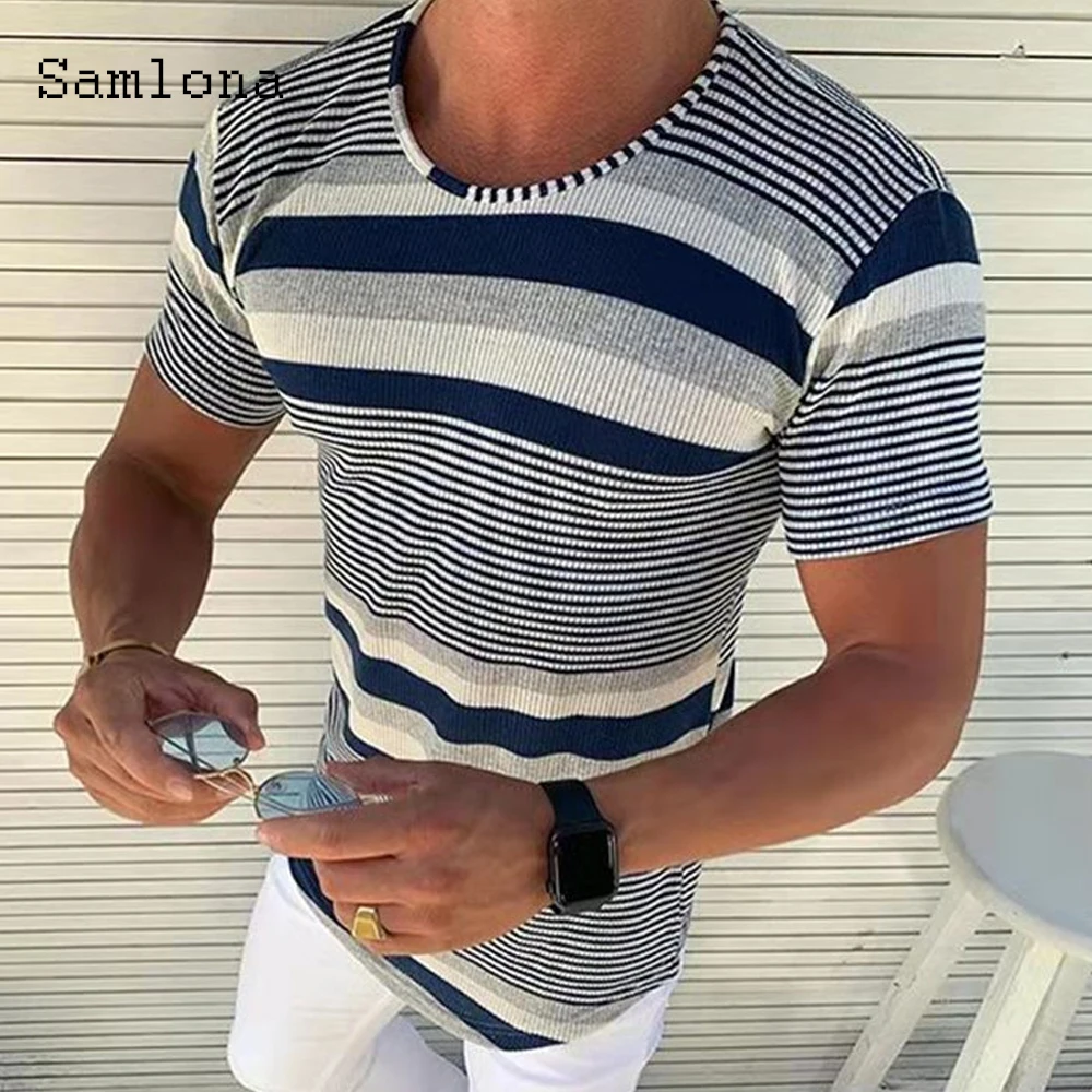 Fashion Stripes Patchwork Color Shirt Men Clothing 2020 Summer Casual Leisure T shirt O-neck Elasticity Short Sleeve Tees Tops