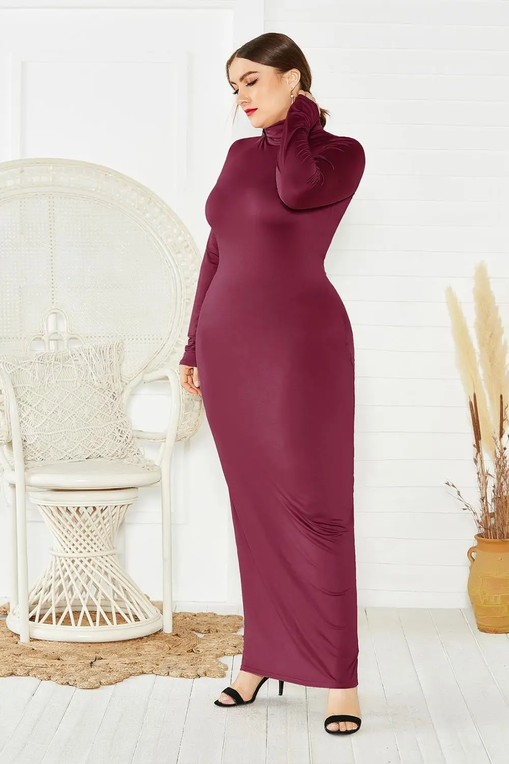 ربيع الخريف المرأة الصلبة عادية سليم Bodycon حزمة الورك فستان ماكسي كم طويل الياقة المدورة بسط فساتين طويلة حجم كبير رداء