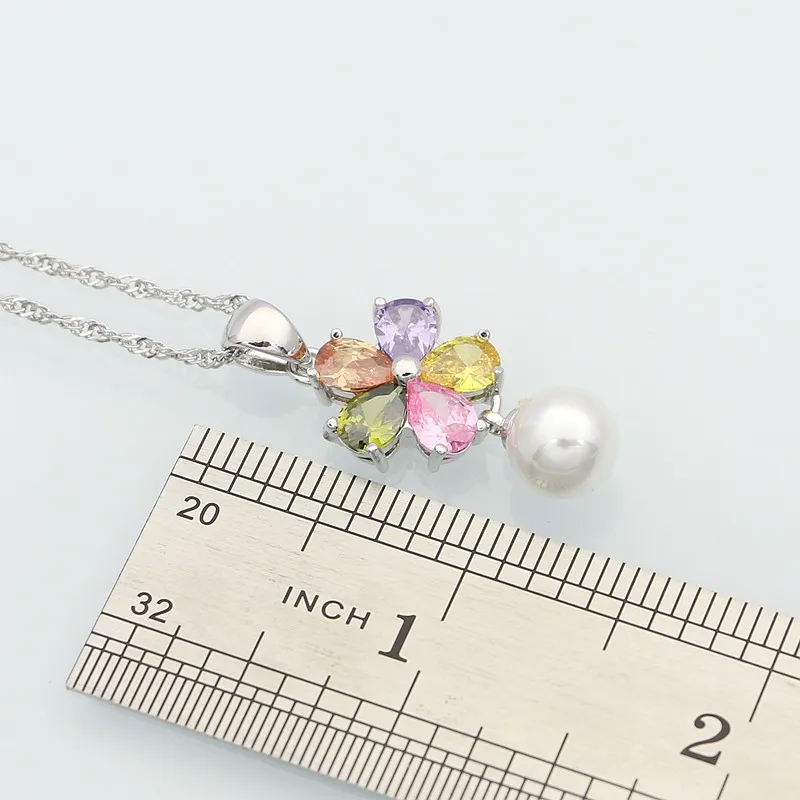 925 Sterling Silver Jewelry Multicolor Cubic Zirconia White Pearls Jewelry Sets For Women Necklace/Earring/Bracelet/Pendant/Ring view 5