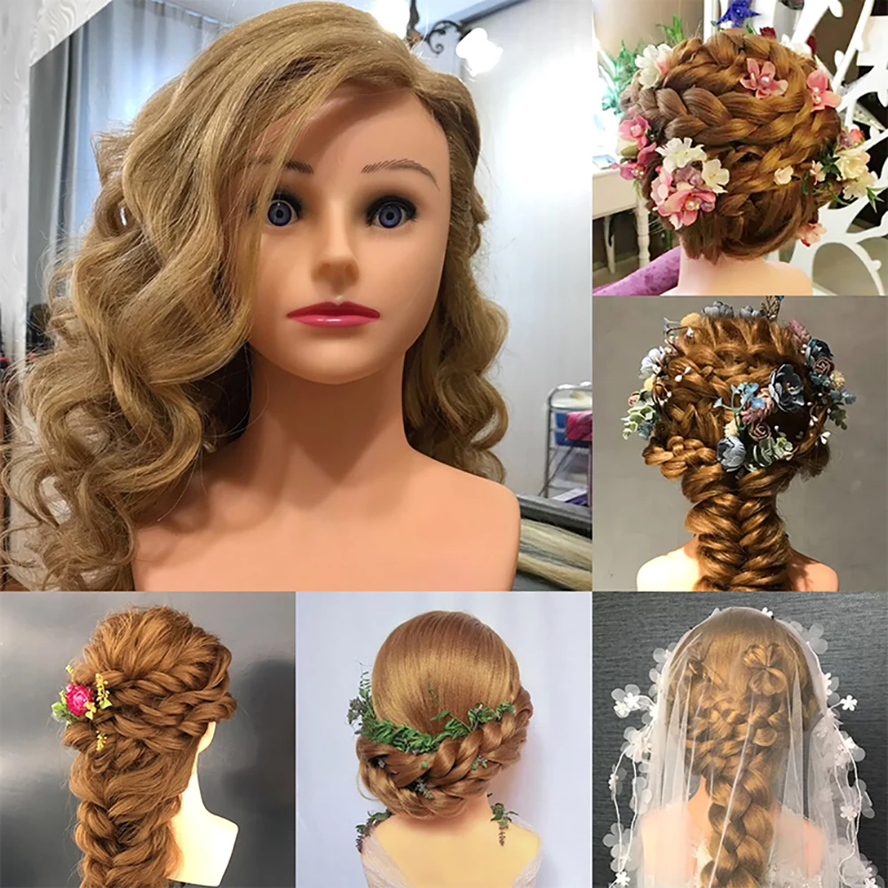 Têtes d\'entraînement cheveux 85% humains 60cm, coiffure, pratique, boucles, mannequin professionnel, beurre de tête