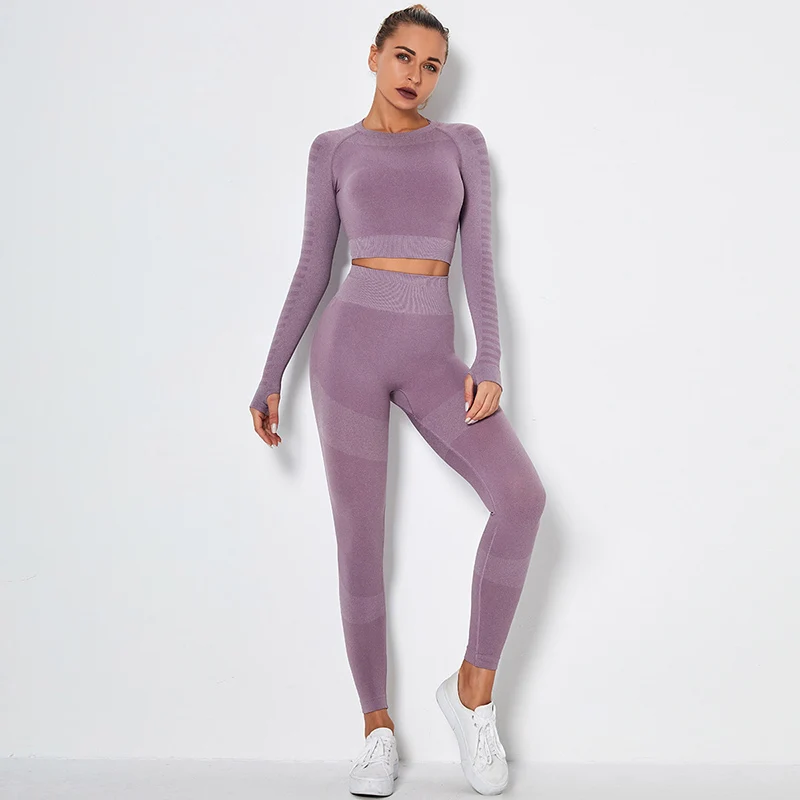 

Women Fitness Sportswear Seamless Yoga Set 2 Piece Set Gym Clothing High Waist Running Leggings and Long Sleeve Top Sport Suit