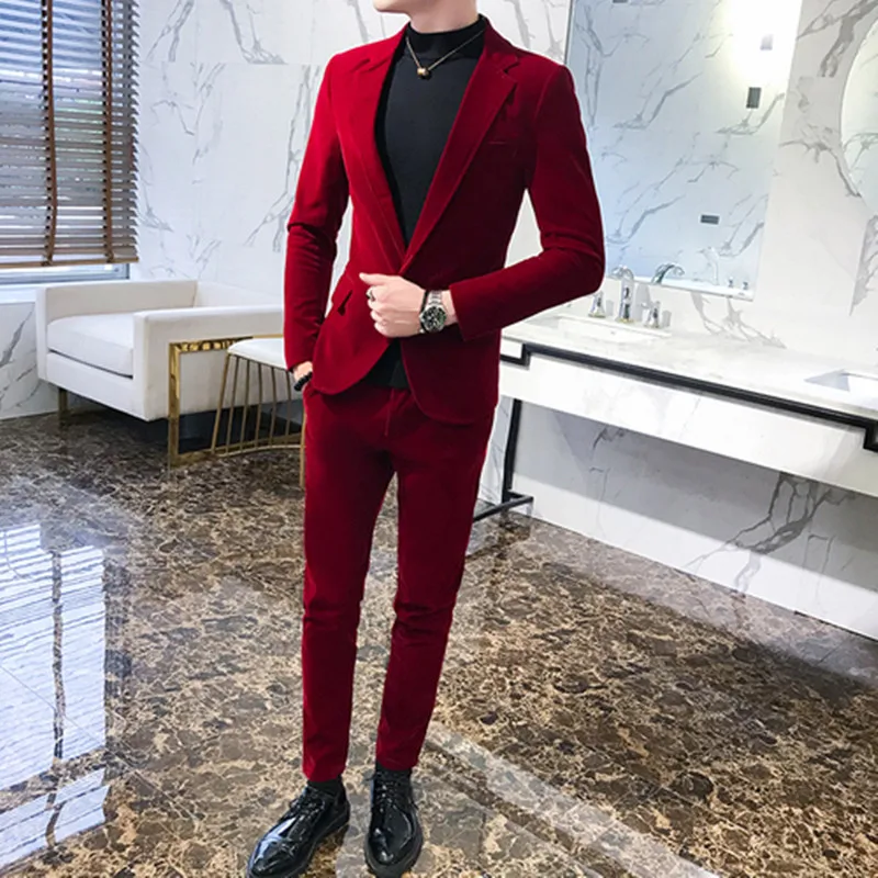 Mens Suits Wine Red Black Green Suits For Man Groom Wedding Velvet Tuxedo Velour Blazer Jackets Pants 2 Piece Costume Homme New