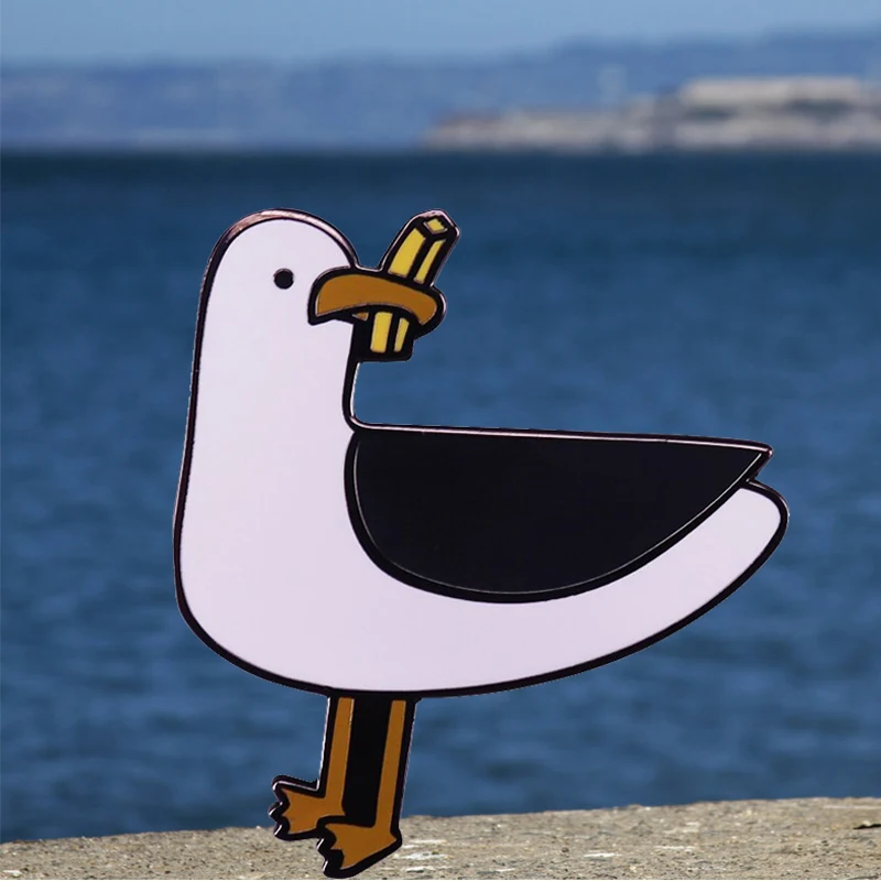 Cheeky Seagull with A Stolen Chip Brooch Funny Seaside Bird Enamel Pin Badge Jewelry