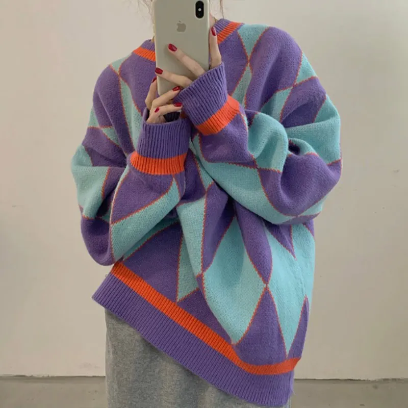 Pullovers Women Jumper Argyle Knitted Sweaters Vintage Sweaters Loose Tops College Style Streetwear Casual Winter Sueter Mujer