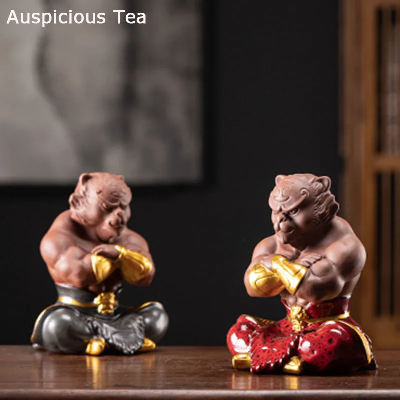 Yixing Purple Clay Sculpture Tea Pet Creative Sit Tiger Statue Tea Figurine Ornaments Handmade Home Tea Set Decoration Art Gifts