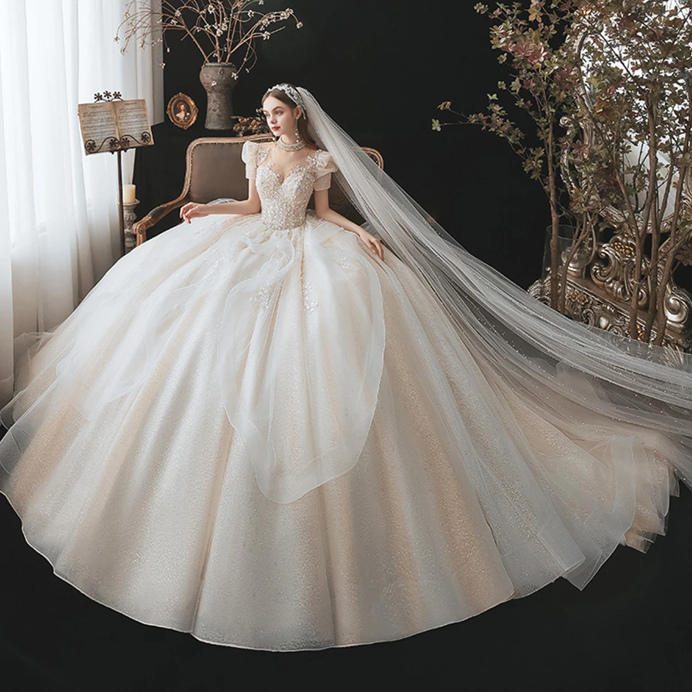 Robe De Soirée De Mariage Pearls High Neck Ball Gown Wedding Dresses Luxury Suknia Slubna Tulle Vintage Vestidos De Novia