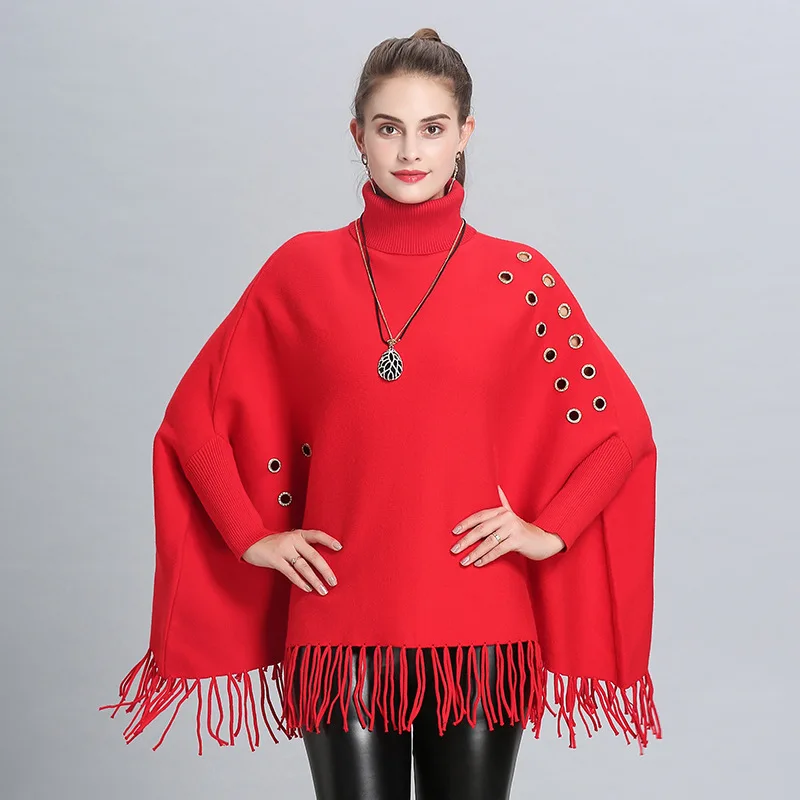 4 Colors High Neck Streetwear Tassel Poncho Autumn Knitted Long Batwing Sleeves Korean Hollow Out Button Sweater Women Pullovers