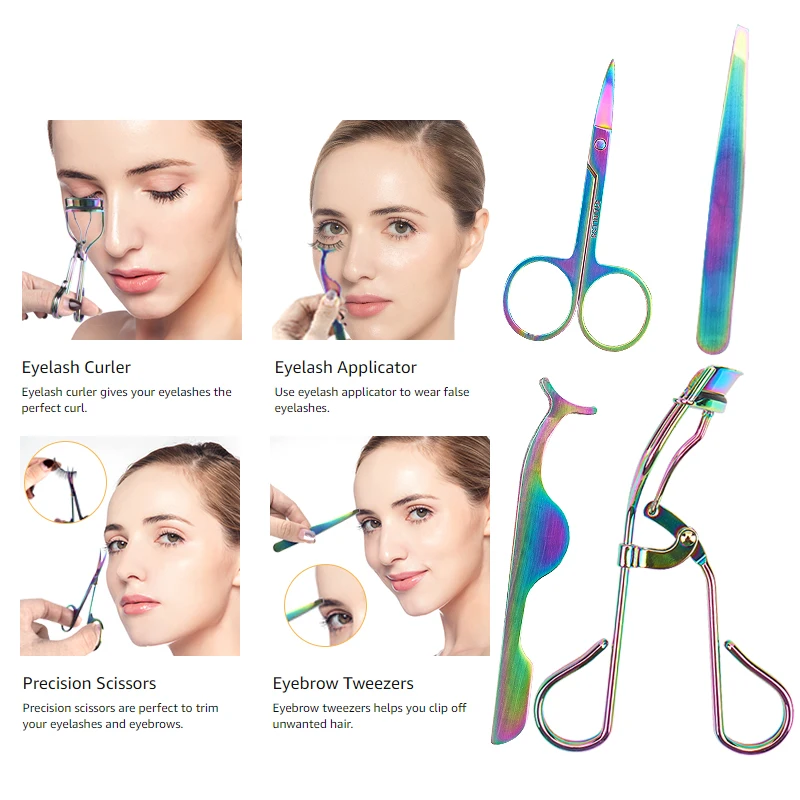 4 pièces professionnel garniture sourcils greffage faux cils recourbe ciseaux pince pliante en acier inoxydable pince outils de maquillage