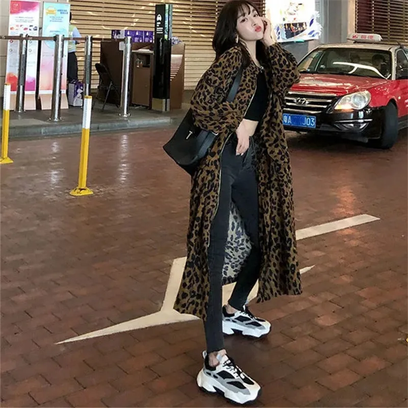 

Vintage Fashion Spring Autumn Women Leopard Print Cozy Female Trench Coat Fashion Raglan Sleeve Zipper Korean Loose Overcoat