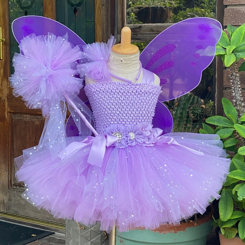 Vestito da fata farfalla viola per ragazze vestito da fiore tutu in Tulle glitterato per bambini con ala e fiocco per capelli abiti da festa per