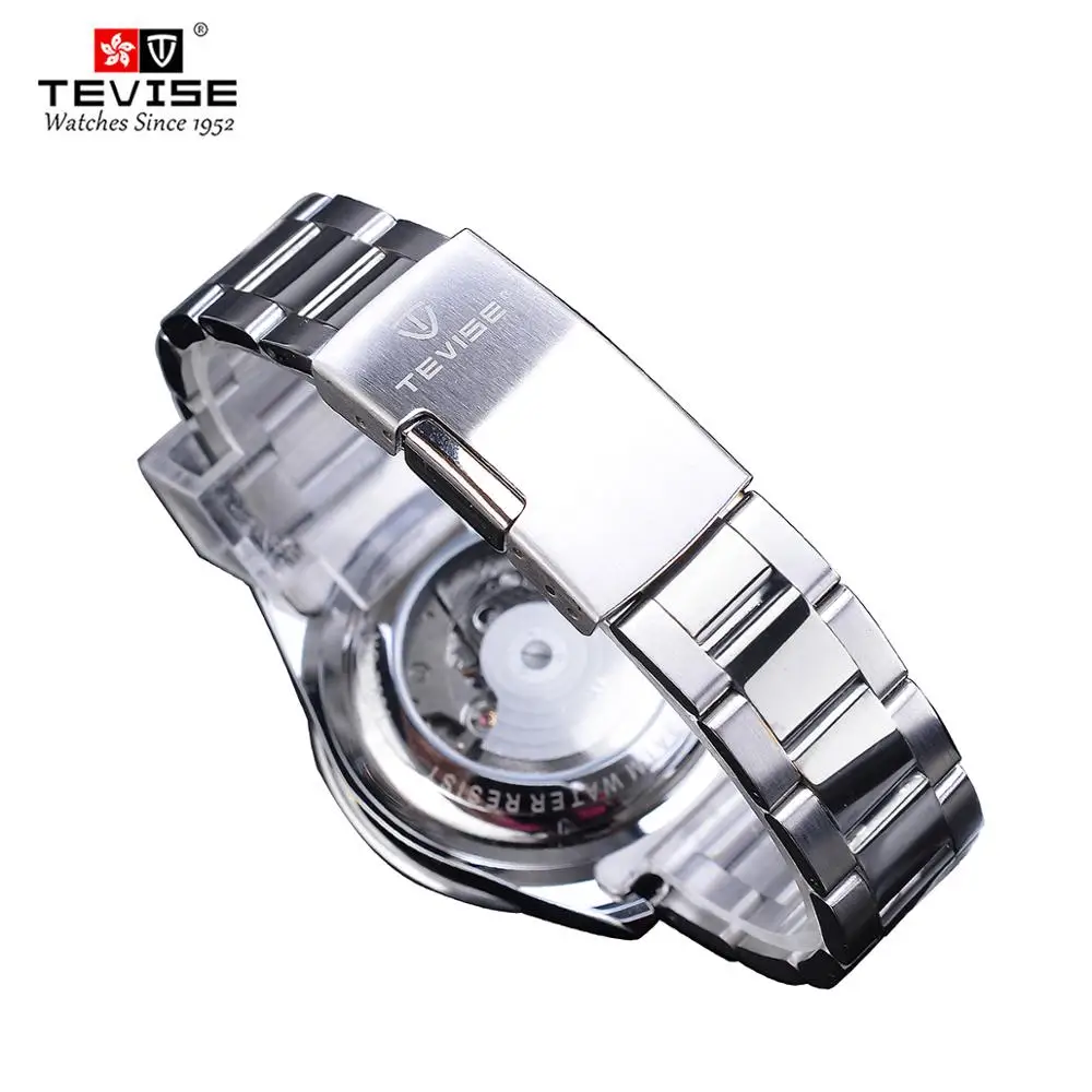 TEVISE-Montres-bracelets mécaniques Automatci, lunette noire, argent, acier inoxydable, calendrier, affichage, marque de luxe, haut de gamme, 2020