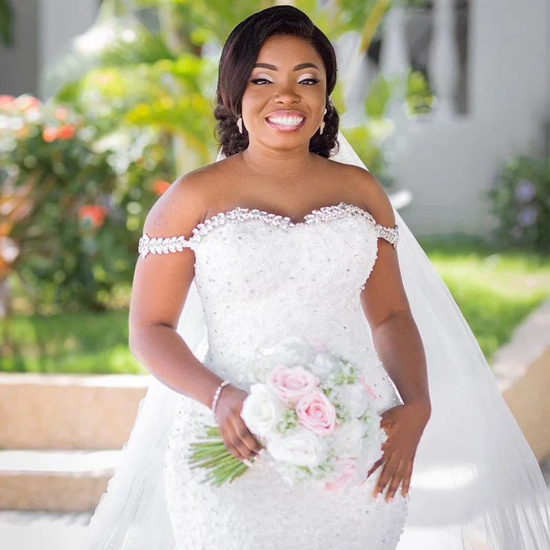 Kristall Meerjungfrau Hochzeit Kleider Weg Von der Schulter Land Brautkleider Spitze Appliques Bead Korsett Zurück Garten Vestido De Novia