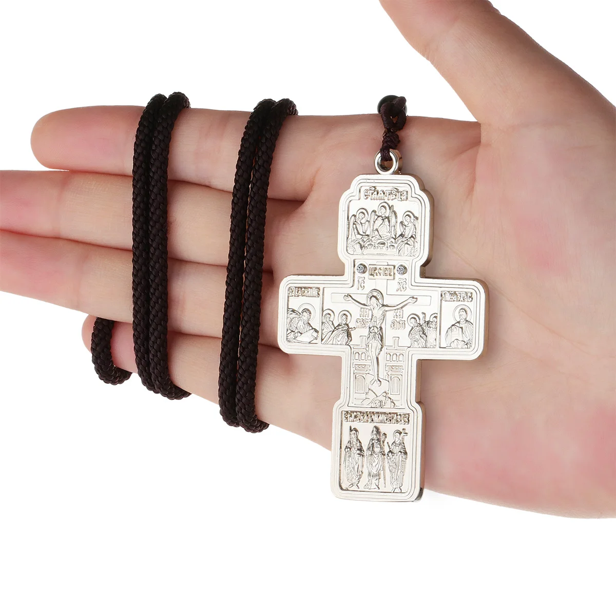 Russian Eastern Orthodox Pectoral Cross Necklace Crucifix Jesus Rope Chain Necklace Baptism Prayer Jewelry Gift for Men Women