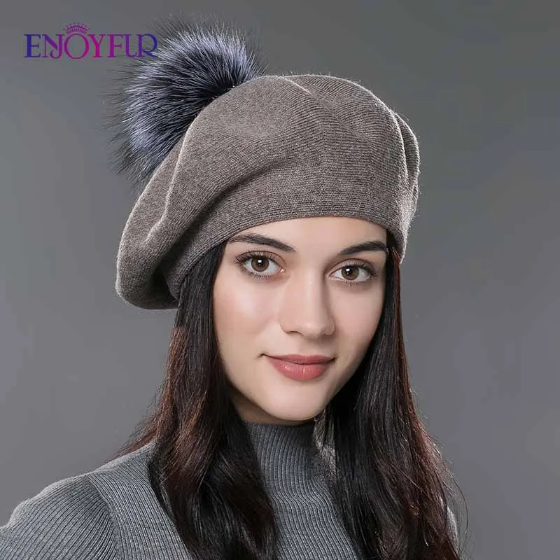 ENJOYFUR Women Winter Classic French Beret Cashmere Wool Knit Real Fur Pom Pom Beret Hat For Lady Warm Fashion Fur pom Beret