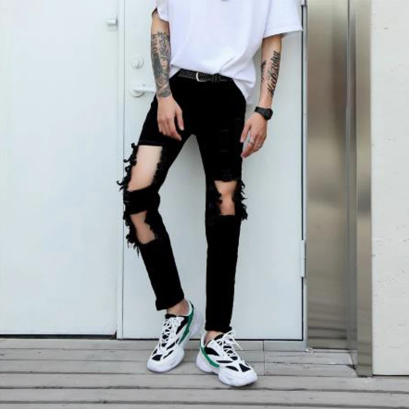 

Men's jeans Spring/summer European-American beggar pants ripped pants men's slim skintight slacks hip-hop punk black hole pants