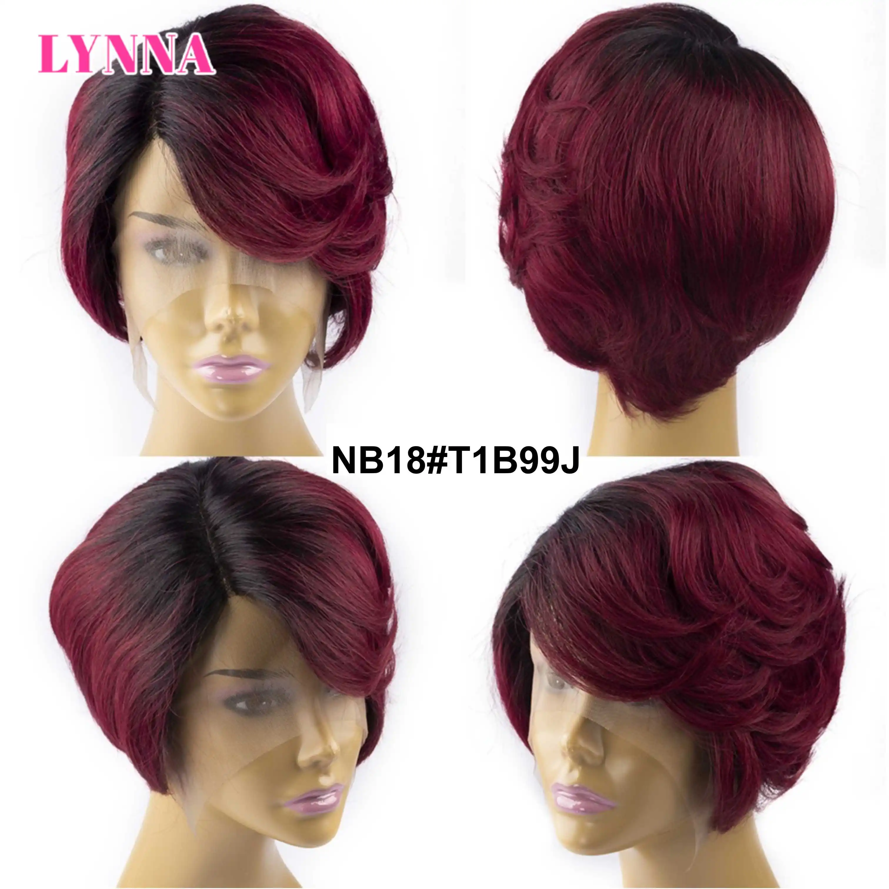 Short Ombre Burgundy Human Hair Wig Pixie Cut Wig With Bangs 1B 99j Short Wavy Lace Front Human Hair Wigs Blonde Color Cheap Wig