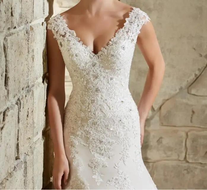 Vestido de Noiva scollo a v sirena abiti da sposa perline Appliques di pizzo Robe de mariee cappella treno abito da sposa 2019