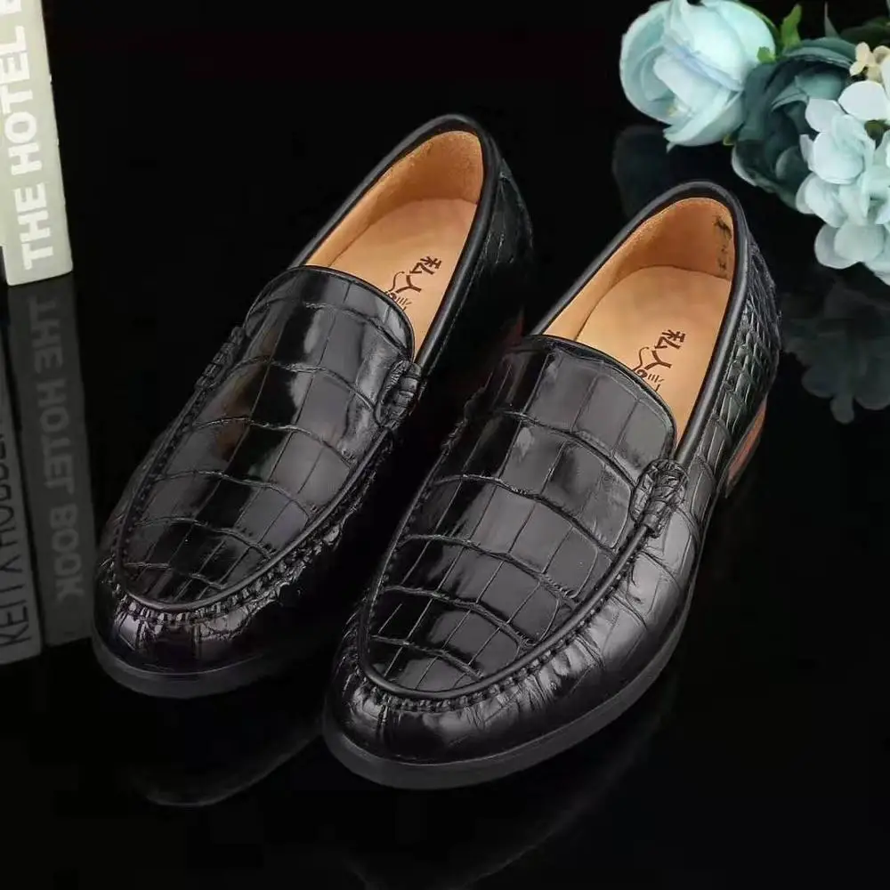 

100% Genuine real crocodile skin men shoe durable solid crocodile belly skin men dress business shoe black color with cow lining