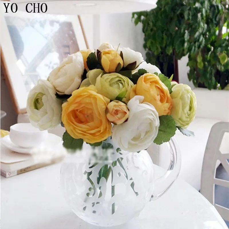 YO CHO – fausses fleurs artificielles en soie, 10 têtes, Bouquet de fleurs de Lotus pour demoiselle d'honneur, Arrangement de fleurs fait à la main pour la maison