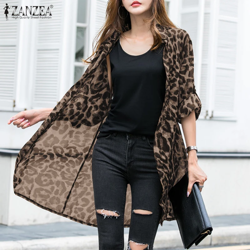 Sexy Leopard Strickjacken frauen Sommer Blusen ZANZEA 2023 Beiläufige Lange Kimono Cape Weibliche Revers Tunika Chemise Top