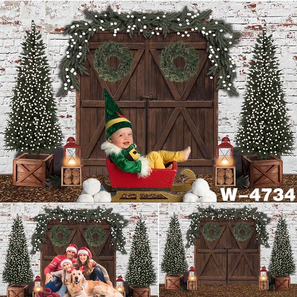 

Christmas Photography Backdrops Brick Wall Wood Door Christmas Tree Children Portrait Photographic Photo Backgrounds W-4734