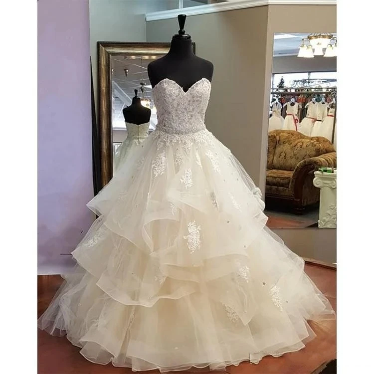 

Sexy Sweetheart Organza Ball Gown Wedding Dresses 2021 Vestido De Noiva Beaded Appliques Ruffles Floor-Length Formal Bride Gowns