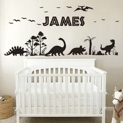 Custom Name Dinosaur Tree Bird Wall Sticker Jungle Forest Dino Jurassic Park Wildlife Adventure Wall Decal Bedroom Nursery Decor