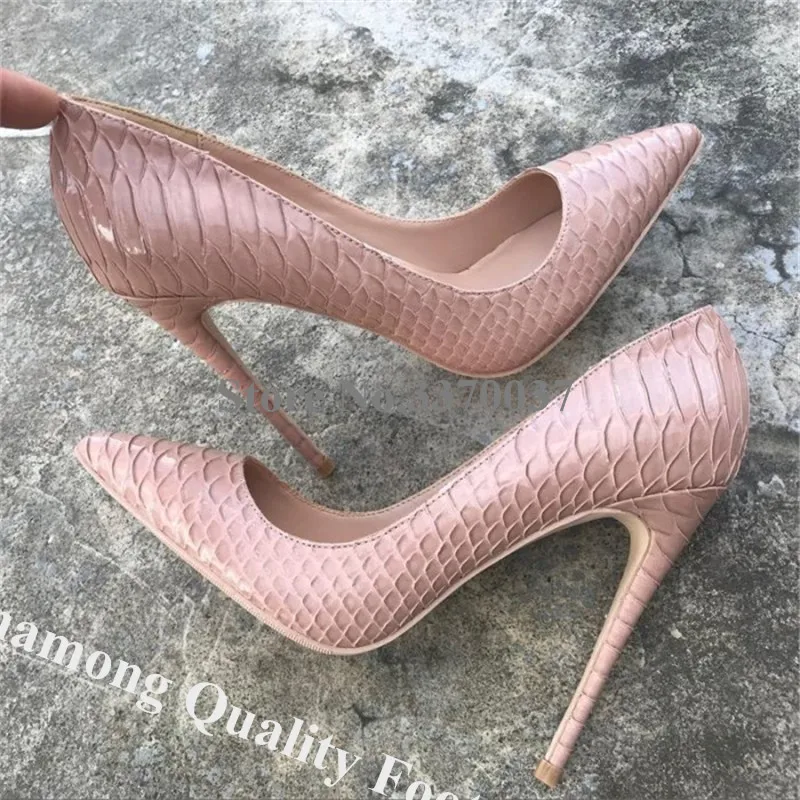 Linamong Sexy Pointed Toe Snake Leather Stiletto Heel Pumps Red Pink White Pattern Leather Slip-on High Heels Formal Dress Shoes