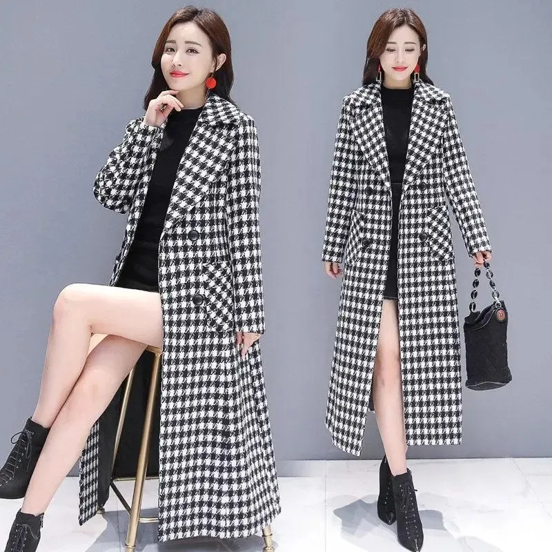 

New Women's Coats Spring Autumn Plaid Woolen Coat Over Knee Winter Jackets Single-breasted Houndstooth Temperament Outwear