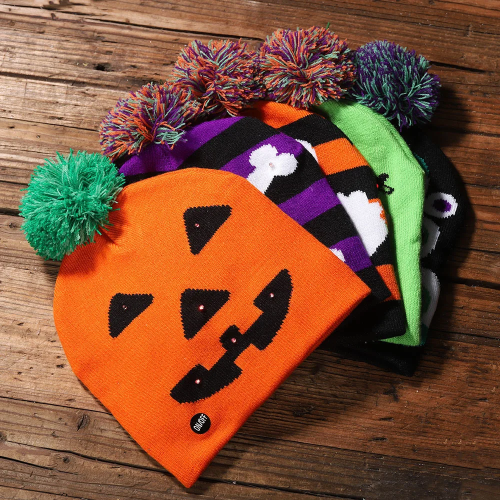 Nuevo gorro de punto emisor de luz para Halloween, Calavera, fantasma, gorro de lámpara, gorro para adultos y niños, suministros para fiestas