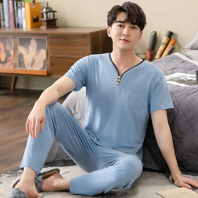 Men's Modal Cotton Pajamas Set Summer Simple Fashion Sleepwear Short-Sleeve Tops Pants Home Clothes Nightwear Home Wear Suits