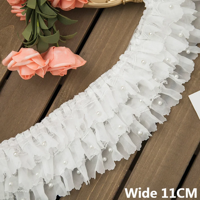 11CM Wide Three Layers 3D Pleated Chiffon Fabric Lace Appliques Embroidery Fringe Ribbon Beaded Ruffle Trim Fluffy Dress Sewing