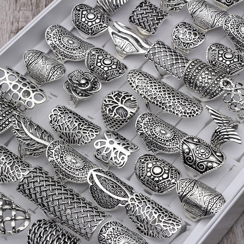 Wholesale 20pcs/Lots Mix Style Vintage Carved Flower Silver Plated Jewelry Rings For Women Size 17mm to 21mm