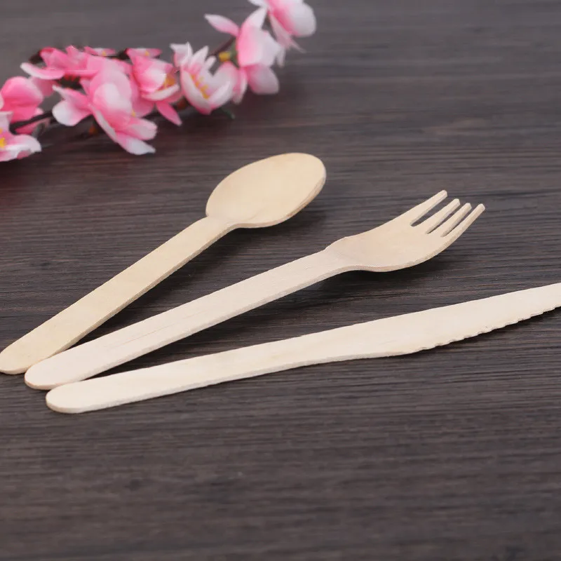 100pcs 16cm Party Use Disposable Wooden Fork Spoon Knife Flatware Wood Cutlery