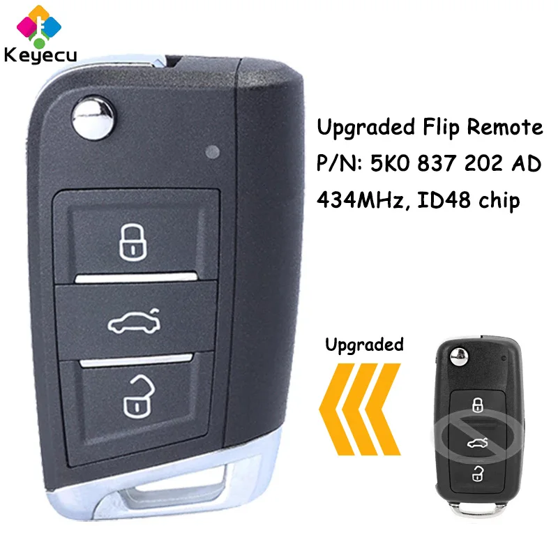 

KEYECU 5K0 837 202 AD Upgraded Flip Remote Car Key Fob 3 Buttons 434MHz ID48 Chip for Volkswagen Beetle Caddy Tiguan Touran UP