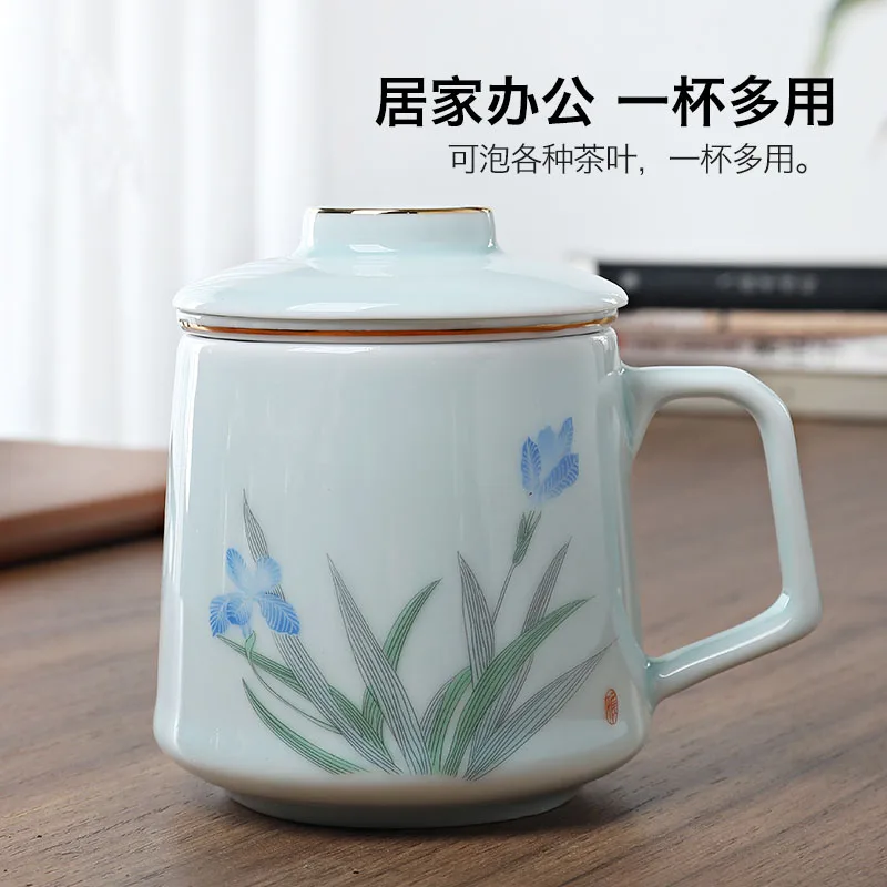 

Ceramic teacup with handle, filter cover, tea leakage, tea separation, women's Longjing cup for office use