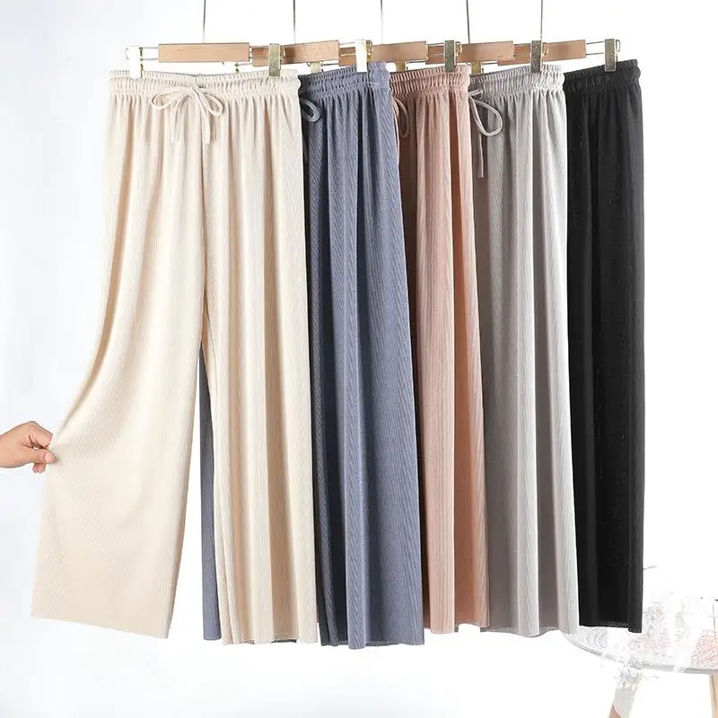 Mopping Wide-Leg Pants 2022 Women\'s Spring and Summer Drawstring Loose Elastic Ice Silk Trousers Large Size Ice Silk Trousers