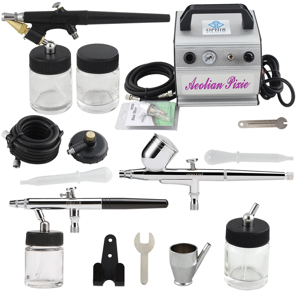 OPHIR 3x Airbrush Dual-Action & Single-Action Airbrush Kit w/ Air Compressor for Body Paint Cake Decoration _AC088+004A+071+072