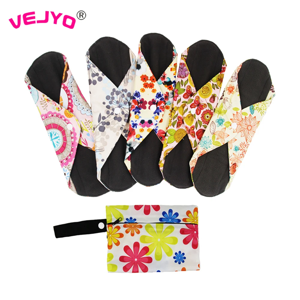 5+1 Set Reusable Menstrual Pads with Bag  S M L Size Eco Friendly Bamboo Charcoal Washable Cloth Sanitary Pad Period Panty Liner