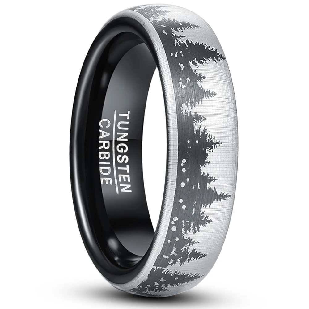 

6mm Black Laser Forest Fir Tree Christmas Tree Pattern Tungsten Carbide Ring Men's Fashion Wedding Jewelry Best Gift