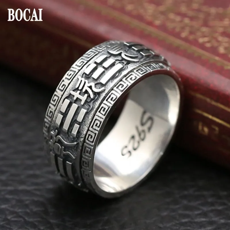 

BOCAI New 100% s925 Silver Scripture Jewelry Nine Palaces and Gossip Retro Six-character Mantra Turning Trendy Men's Ring