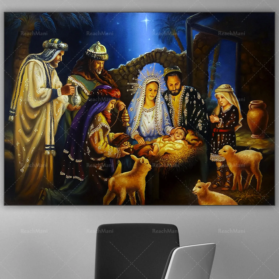 Nativity, Christmas-Holy Family-Primitive Religious Painting-Primitive Religious Art Decoration Canvas Printed Poster